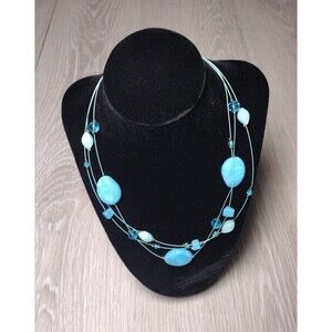 Lane Bryant 3 Strand Wire Glass Stones/Beads Necklace 16" Turquoise